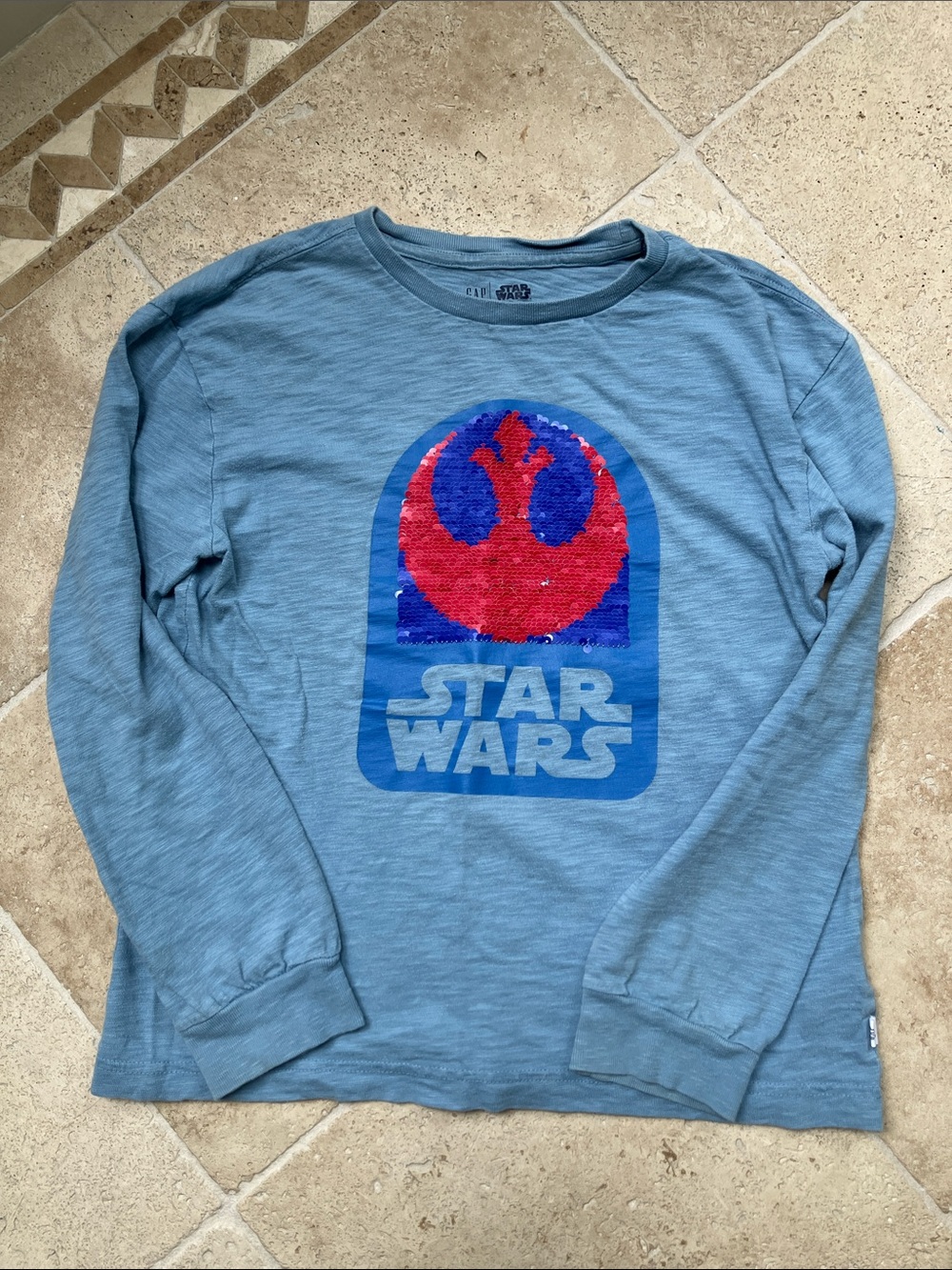 GAP Blue Long Sleeve Star Wars Tee with Red & Blue Sequin Logo
